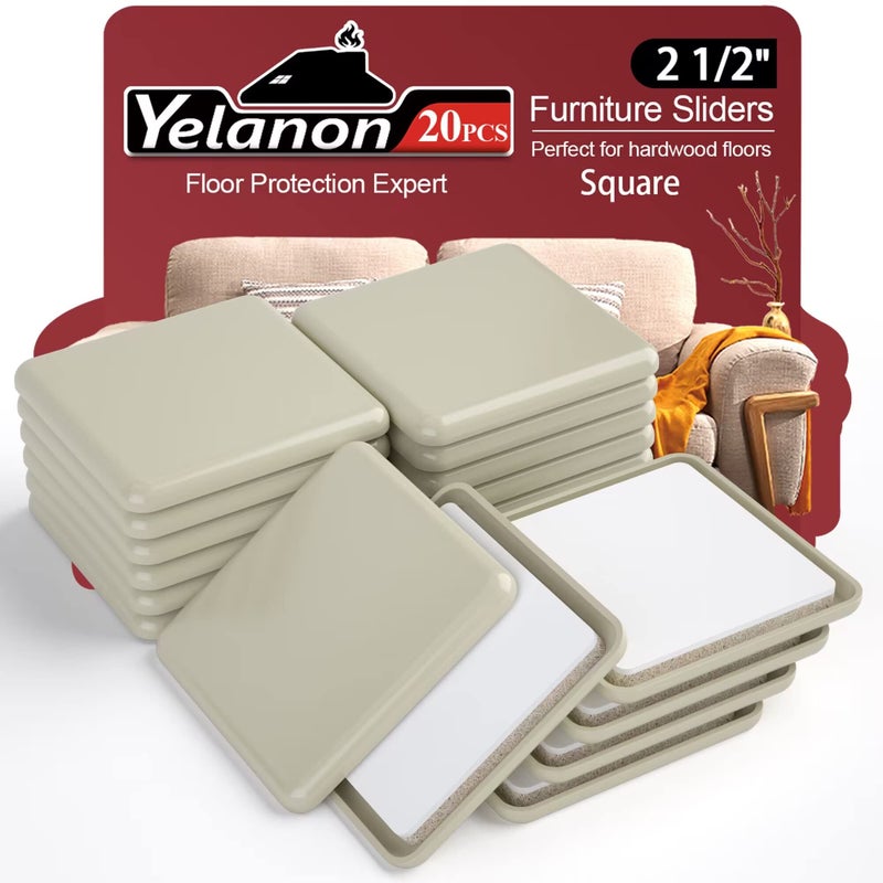 Yelanon Furniture Sliders 20 pcs-2 1/2Square Furniture Sliders for Carpet Furniture Pads Hardwoods Floors, Heavy Duty Furniture Movers Sliders Reusable Furniture Moving Pads Floor Protectors for Carpet - Image 1